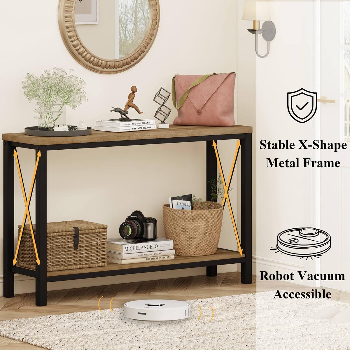 BON AUGURE Farmhouse Entryway Table, Sofa Console Table Behind Couch for Living Room, Industrial Hallway Tables for Entry, Front Door, Entrance, Foyer (Vintage Oak, 47 Inch)