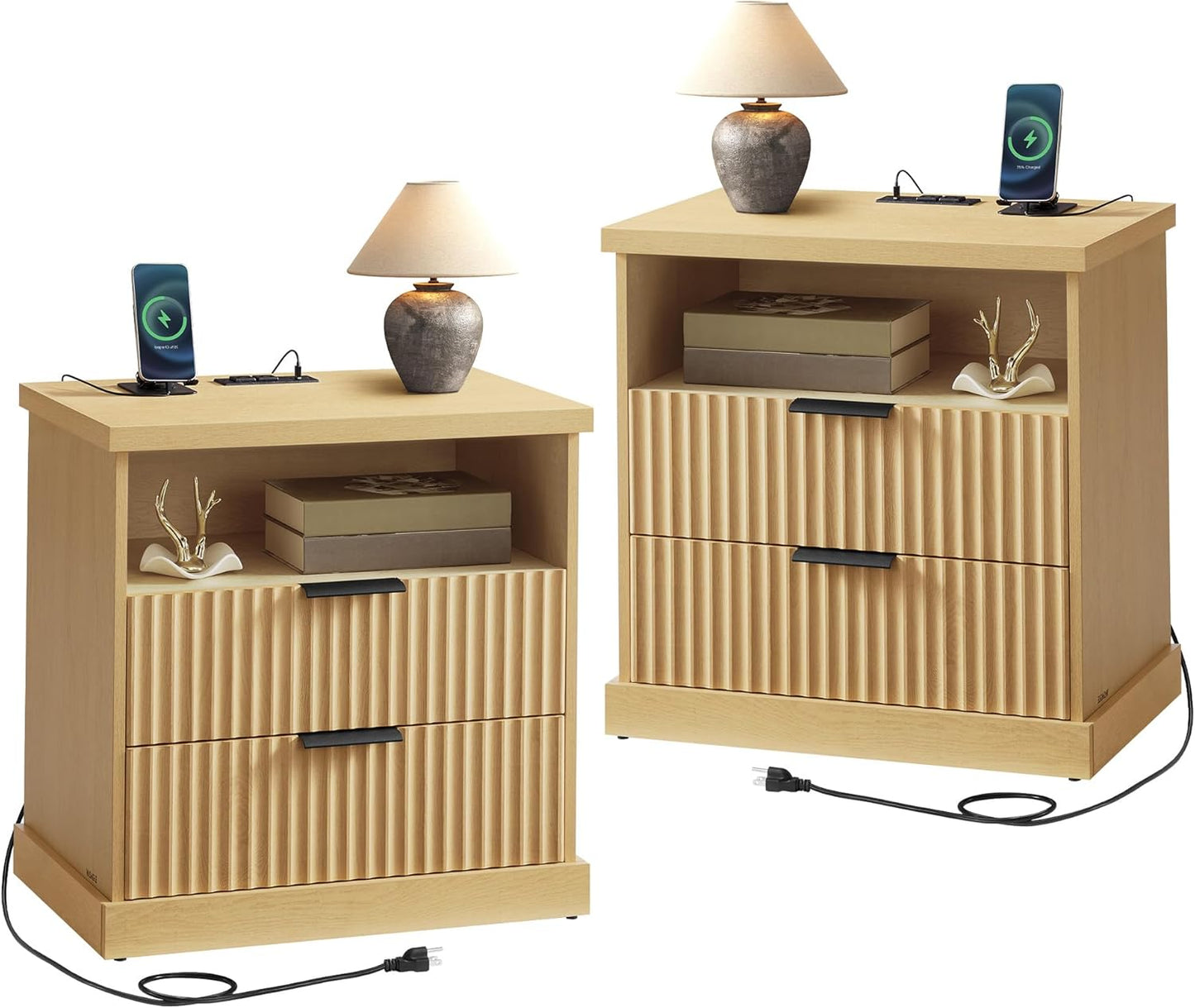 VASAGLE MAXE Collection - Set of 2 Nightstands with Charging Station, Bedside Table, Side End Table with 2 Drawers, Open Shelf, 2 AC Outlets, 2 USB Ports, Transitional, Bedroom, Oak Beige ULET926Y01