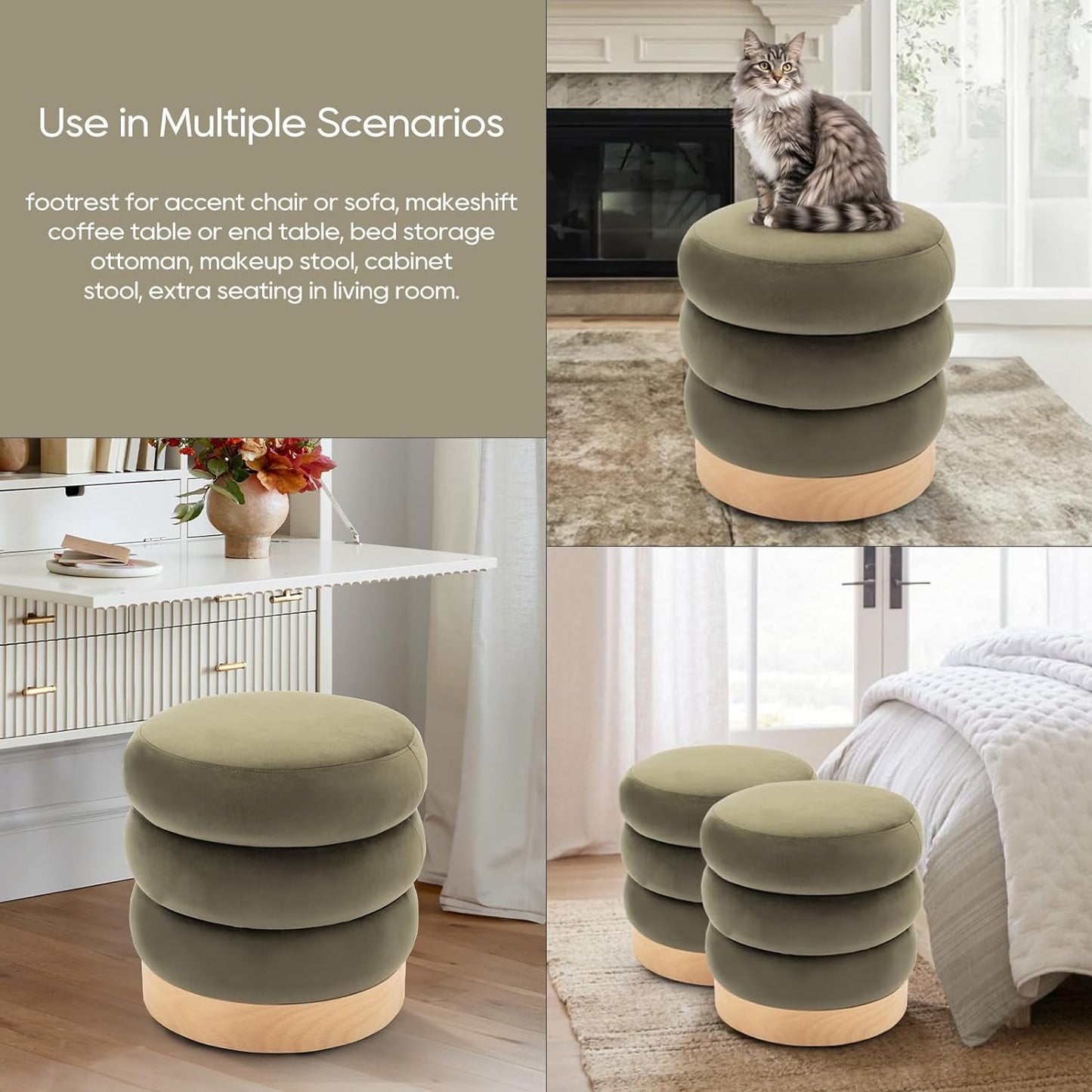 COLAMY Velvet Ottoman Footstool, Tufted Modern Foot Rest Stool with Wood Base for Living Room, Bedroom, Desk, Round Versatile Side End Table, Pouf, Makeup Seat,2pcs,Green