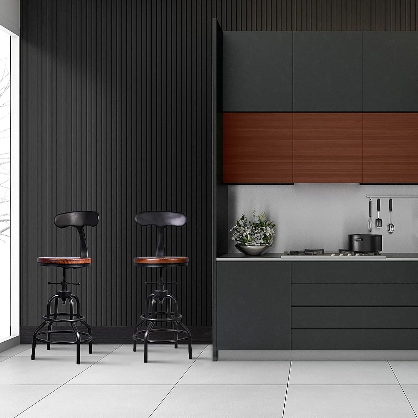 Diwhy Industrial Vintage Counter Stool, Kitchen Counter Height Adjustable Swivel Chair, Metal Frame Stool, with Iron Backrest, 20.47-26.77 Inch, Fully Welded Base, Set of 2