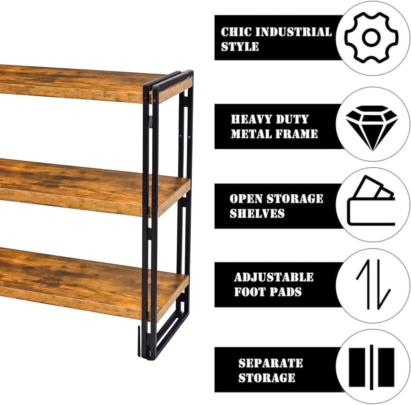 47" 3-Tier Bookshelf Rustic Wood and Metal Industrial Bookshelf for Home Office, Bedroom, Kitchen, Bathroom (Rustic Brown, 3-Tier)