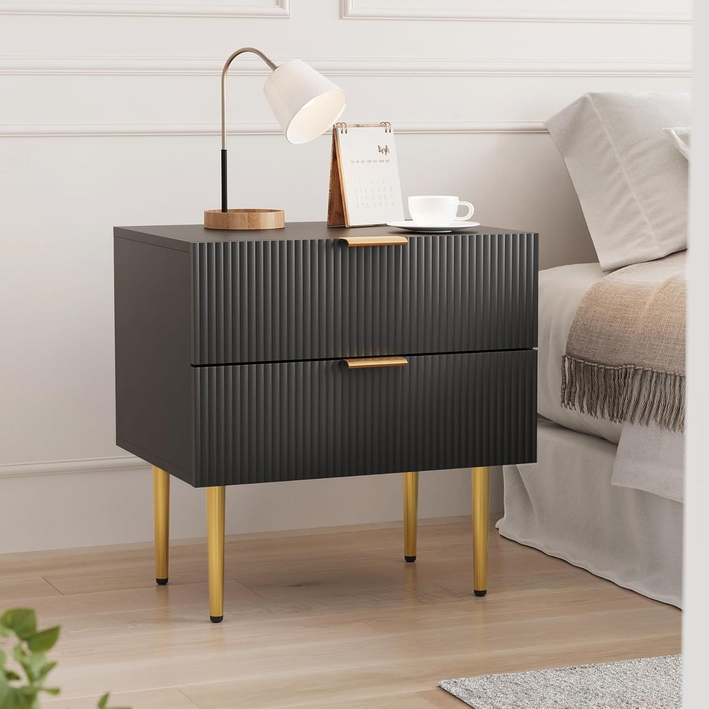 Night Stand, Black and Gold Nightstand with Fluted Panel, Bedside Table with 2 Drawer, Large Mid Century Modern Nightstand with Gold Leg, End Tables for Bedroom