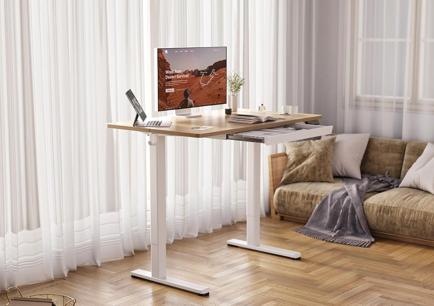 YDN Standing Desk with Drawers, Height Adjustable Desk 48 x 24 Inch, Electric Sit Stand Home Office, Natural