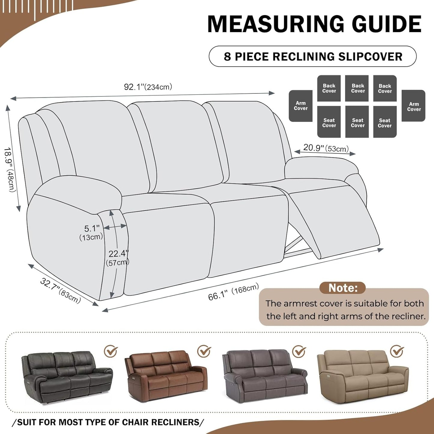 vctops 8 Pieces Geometric Jacquard Plush Recliner Sofa Covers Soft Fuzzy Fluffy 3 Seats Couch Cover Anti-Slip Sofa Slipcover Furniture Protector with Elastic Bottom for Kids Pet(Brown,3 Seat)