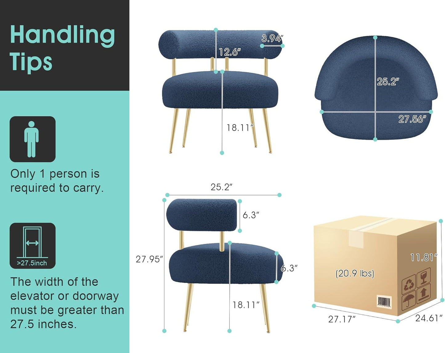 Mid Century Sherpa Boucle Accent Chair, Round Upholstered Barrel Arm Chair for Small Spaces, Fluffy Side Corner Sofa Chair for Living Room, Bedroom, Vanity, Office, Reading Nook(Navy Blue)