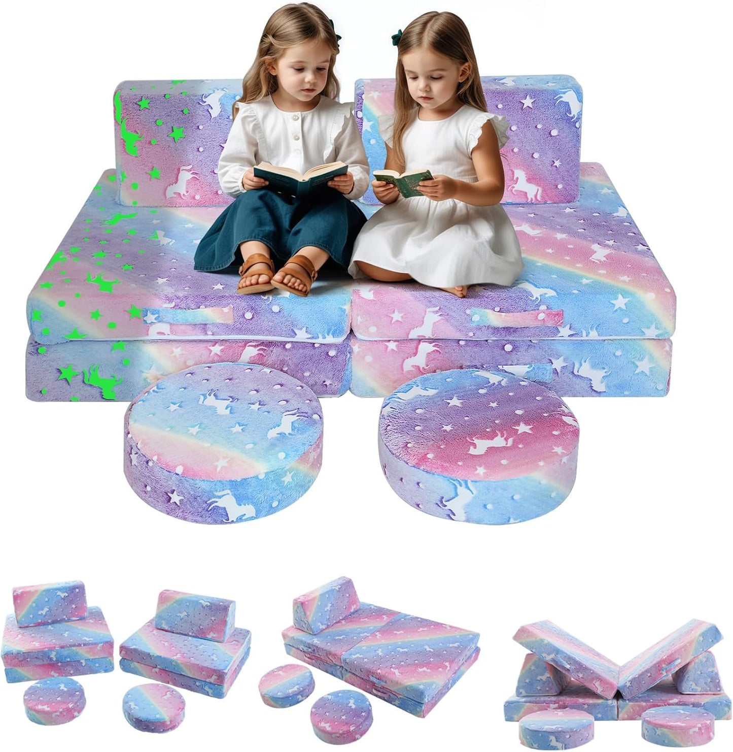 MeMoreCool Modular Glow Sofa for Kids, 8-Piece Convertible Foam Couch Play Set with Unicorn, Rainbow, and Star Pattern for Toddlers and Playroom