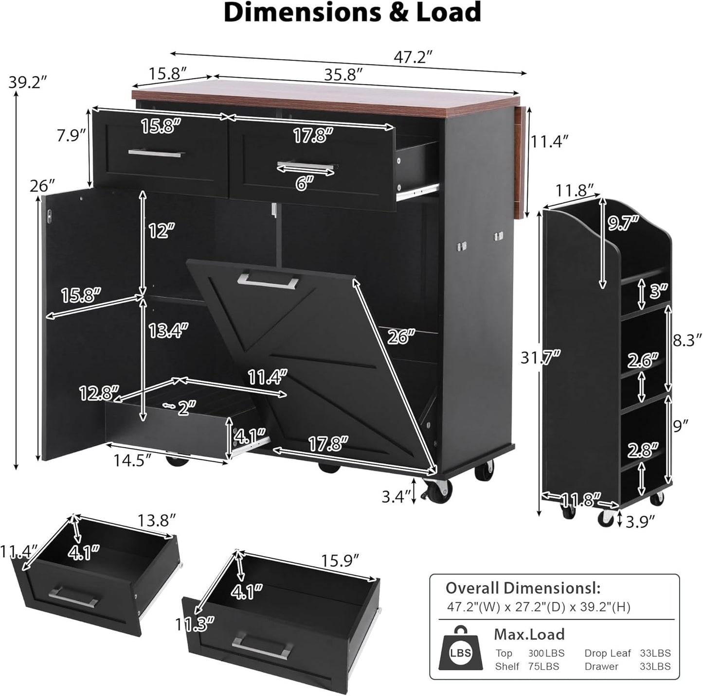 Ball & Cast Farmhouse Kitchen Island with Drop Leaf,Rolling Kitchen Cart on 5 Wheels W/Removable Side Racks and 2 Drawers,Kitchen Storage Cart W/Towel Rack,for Kitchen,Dining Room,Black,47.2"