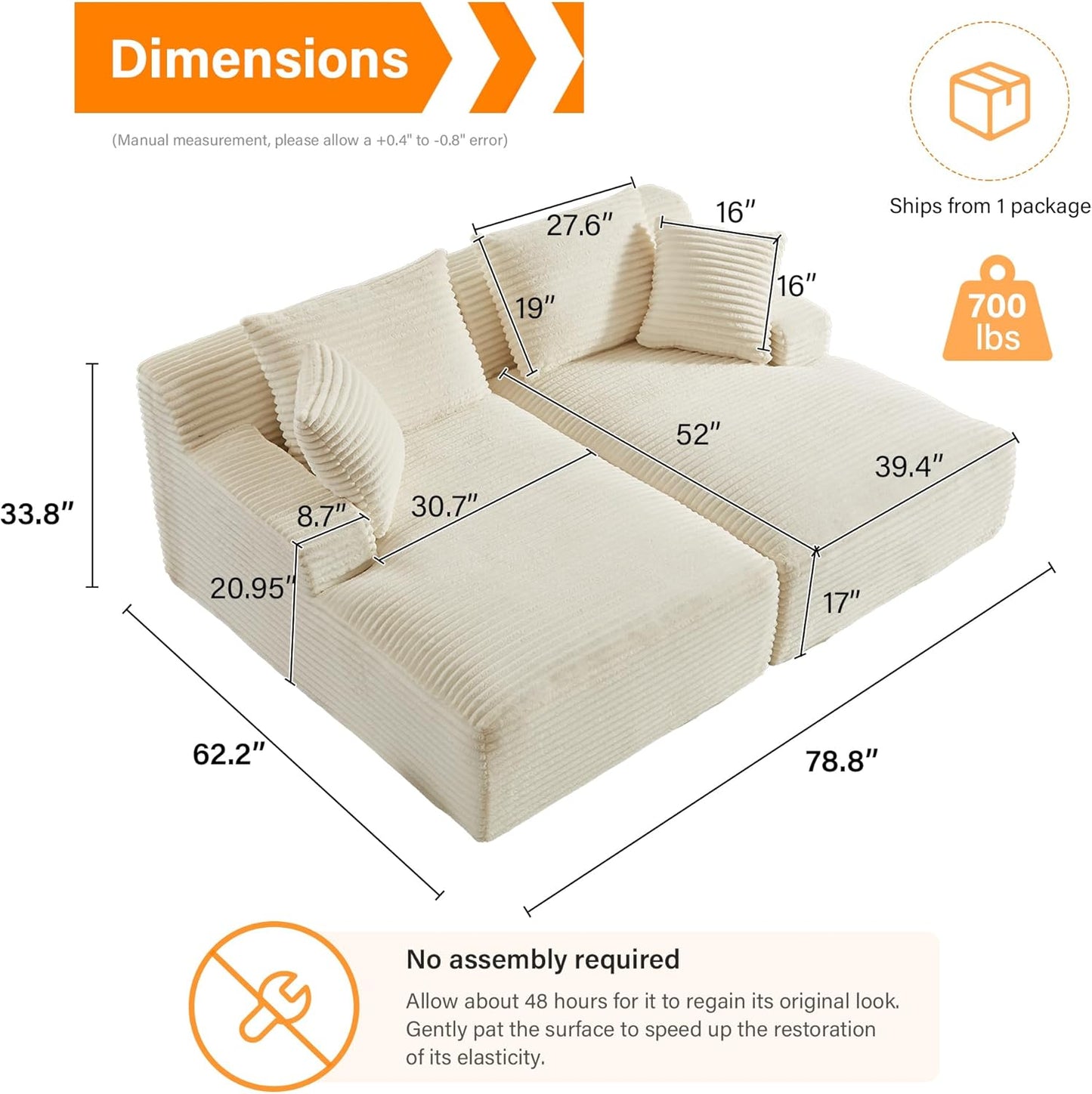 ERYE 79" Oversized Double Chaise Lounge Indoor Sleeper Recliner Sofabed with 4 Pillows, Fluffy Corduroy Loveseat Sleeper Chaise Daybed 2 Pieces Boneless Chair Sofa Bed for Living Room Bedroom Reading