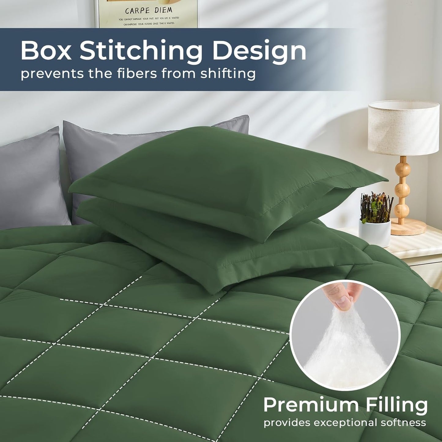 HEVUMYI Twin Comforter Set - 5-Piece All Season Bed in a Bag Twin, Ultra Soft Bedding Set with Comforter, Flat Sheet, Fitted Sheet, Pillowcases, Pillow Shams, Green & Light Grey