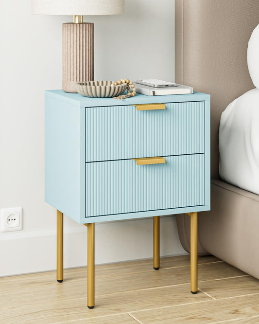 Nightstand,Morden Bedside Table with Gold Frame,Small White Night Stand,End Table,Bedside Furniture,Side Table with Drawer and Shelf for Bedroom,Living Room (2Drawers, Blue)