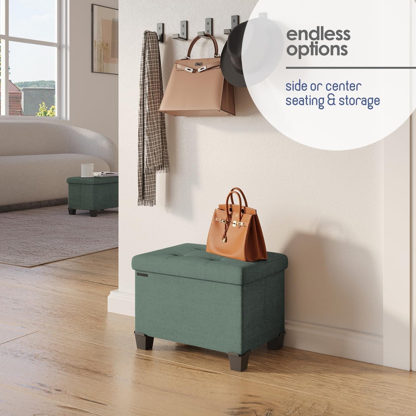 STORAGEBUD Storage Ottoman Cube with Small Bin, 16-in Square Ottoman with Storage for Living Room and Bedroom, Small Ottomans Foot Rest, Fabric Foot Stools Ottomans Max 330lbs, Green