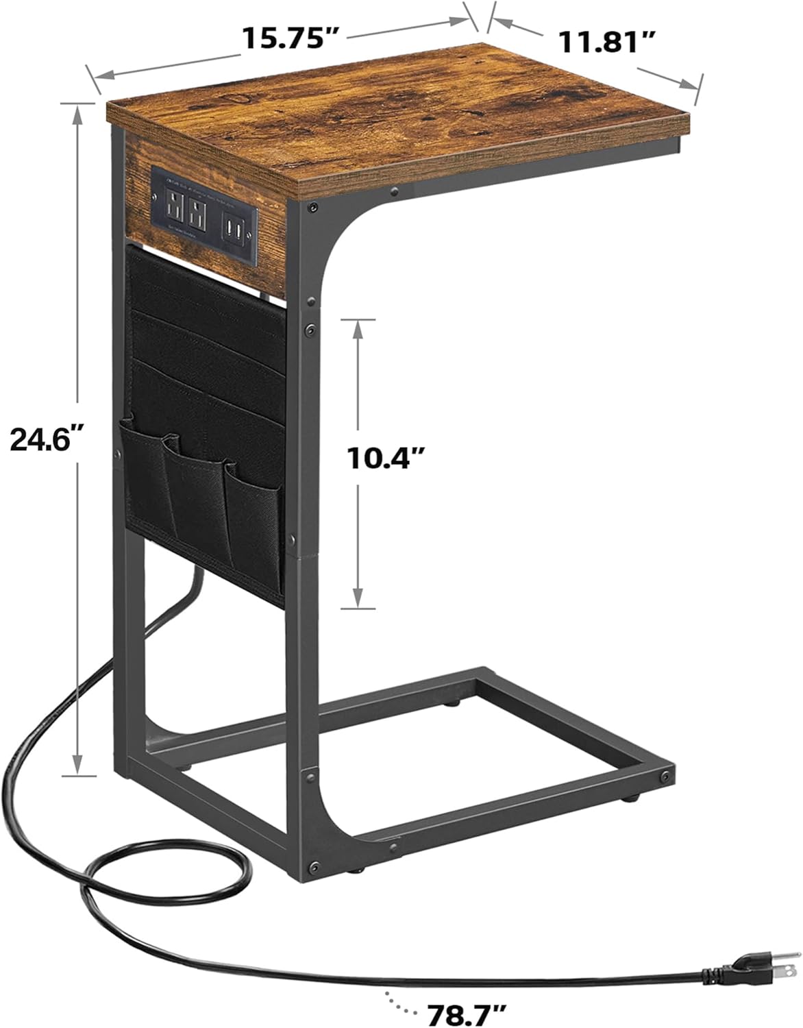 TUTOTAK C Shaped End Table with Charging Station, Side Table for Sofa, Couch with Storage Bag, Set of 2, TV Tray with 2 USB Ports and Outlets for Living Room, Bedroom, Brown TB01BB0242