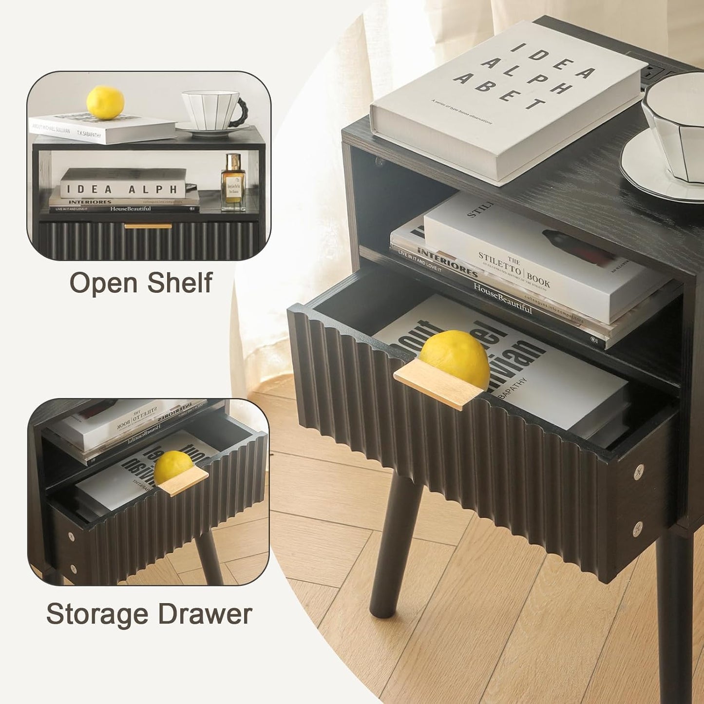 Black Nightstand with Charging Station, Mid Cetury Modern Nightstand with Drawers, Fluted End Side Table with Solid Wood for Bedroom, Dorm and Small Space (Black)