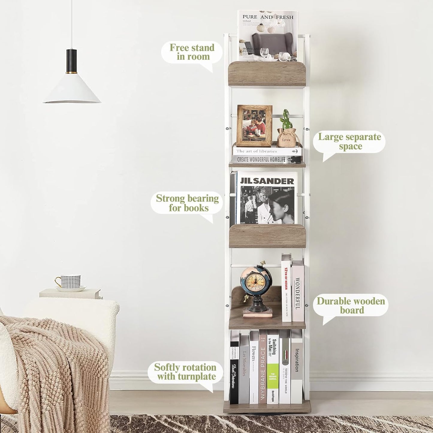 Bikoney Bookshelves 5-Tier, Rotating Bookshelf Tower for Corner, Small Narrow Bookcase, Tall Industrial Bookshelf, Wood and Metal White