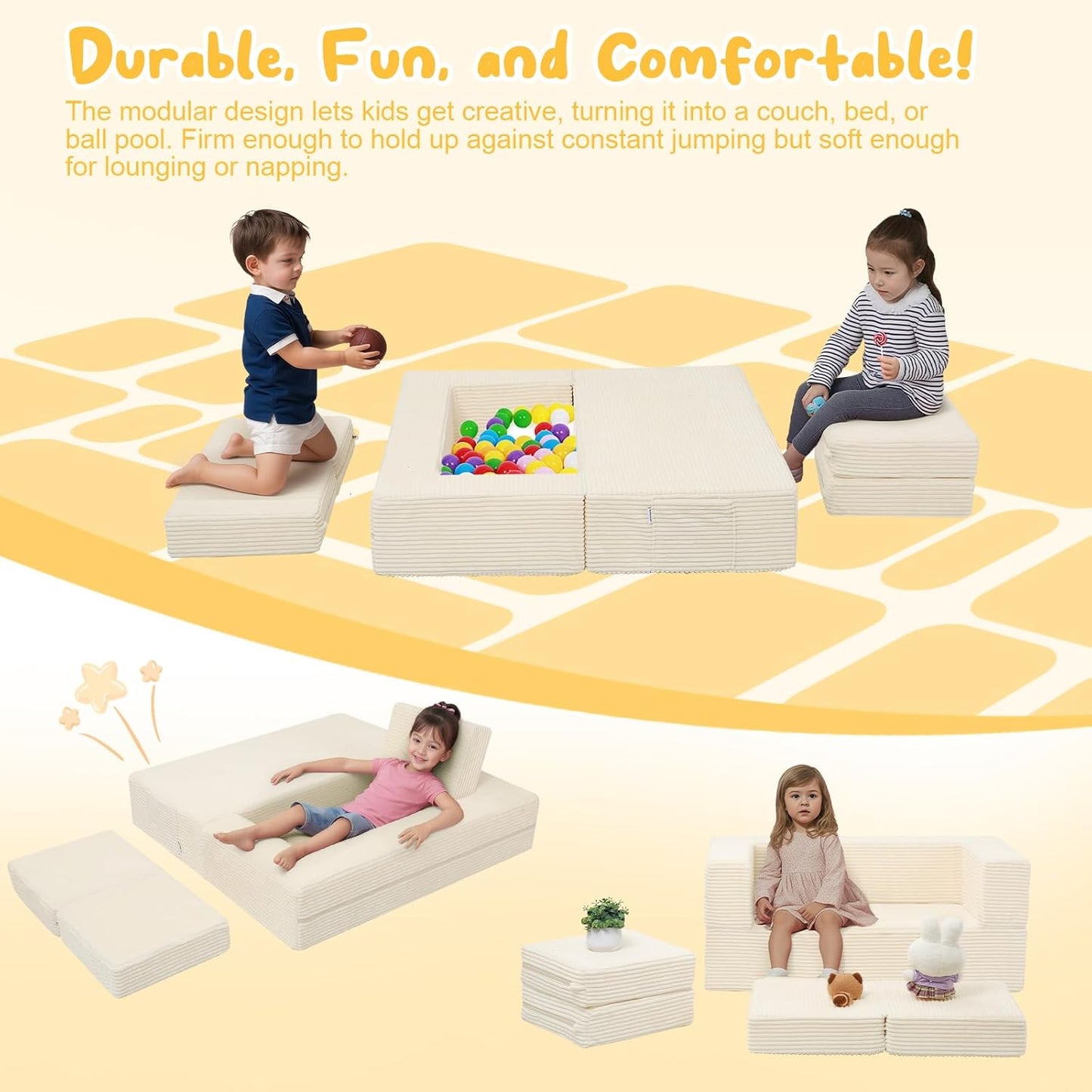 MeMoreCool Modular Kids Couch, Corduroy Play Toddler Couch for Bedroom Playroom Furniture, Convertible Foam Kids Sofa Bed, Fold Out Baby Sofa for Girl Boy, Beige