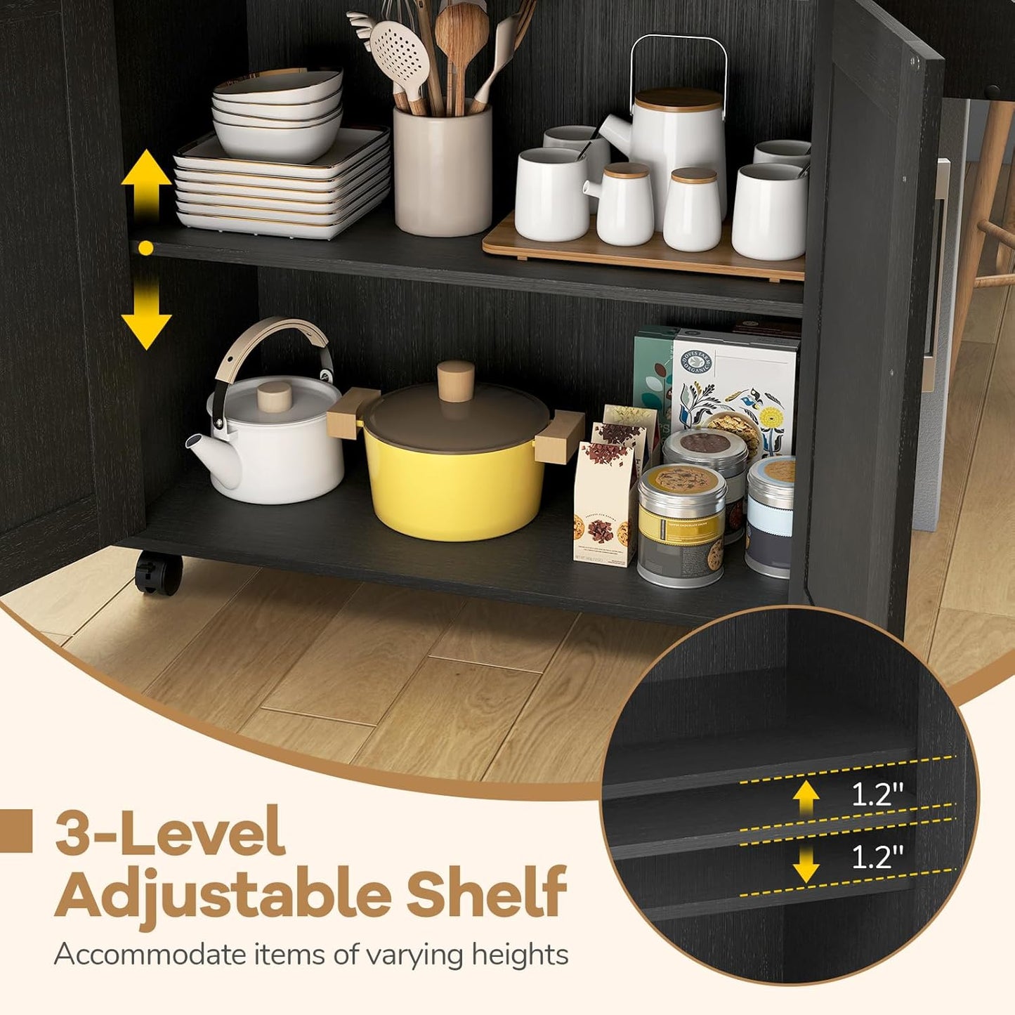 COSTWAY Kitchen Island On Wheels, Rolling Storage Trolley Cart with Large Cabinet, Drawer, Spice Rack and Towel Rack, Kitchen Serving Utility, 3-Position Adjustable Shelf (Black)