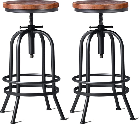 32 inch Vintage Industrial Bar Stool-Metal Wood Swivel Bar Stool-Retro Bar Height Stool-Counter Height Adjustable Kitchen Stools-Set of 2-Extra Tall Pub Height 26-32 Inch,Fully Welded(Black(2pcs))
