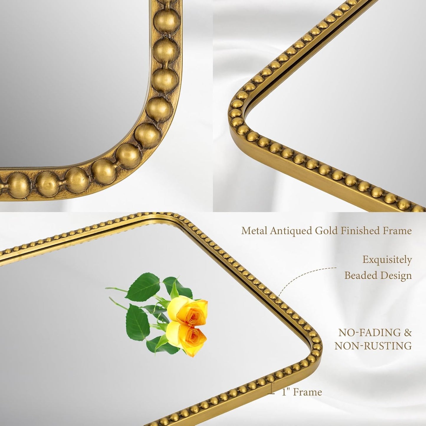 Wall Mirror for Bathroom - 24"x36" Rectangle Rounded Corner Beaded Frame Mirror, Large Vanity Mirror Hangs Horizontal or Vertical, Antique Gold