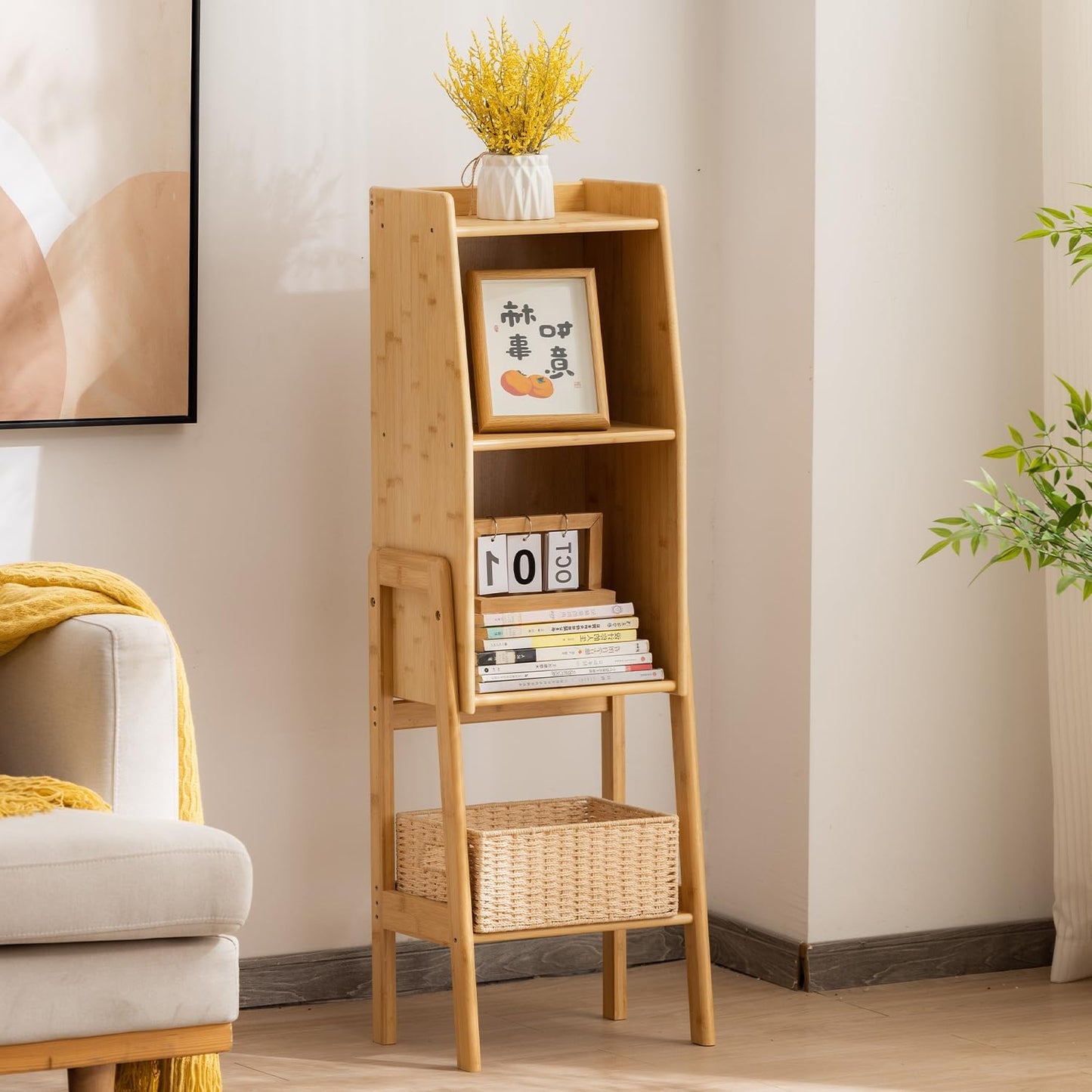 3-Tier Bamboo Bookshelf - Wood Bookcase Organizer with Open Shelves for Living Room & Home Office-Natural Medium