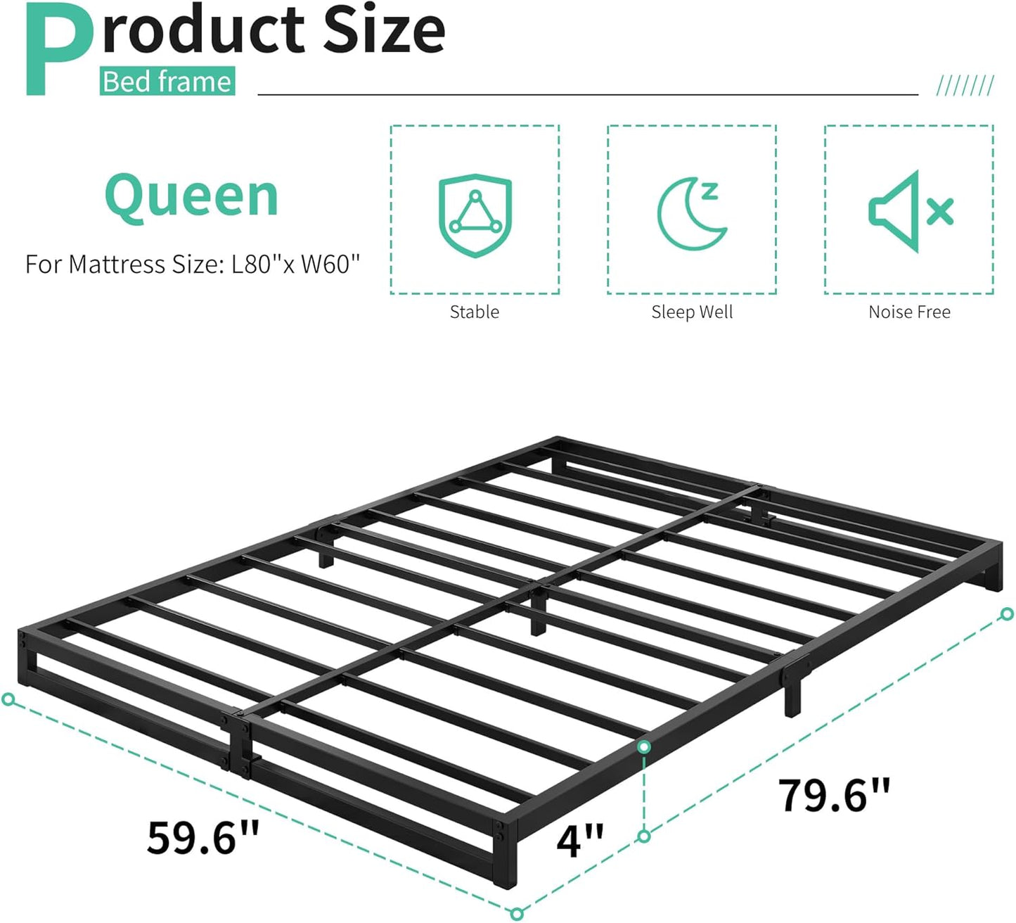 4 Inch Bed Frame Queen Size Heavy Duty Steel Slat Support Metal Platform Queen Bed Frame No Box Spring Needed, Easy Assembly, Black