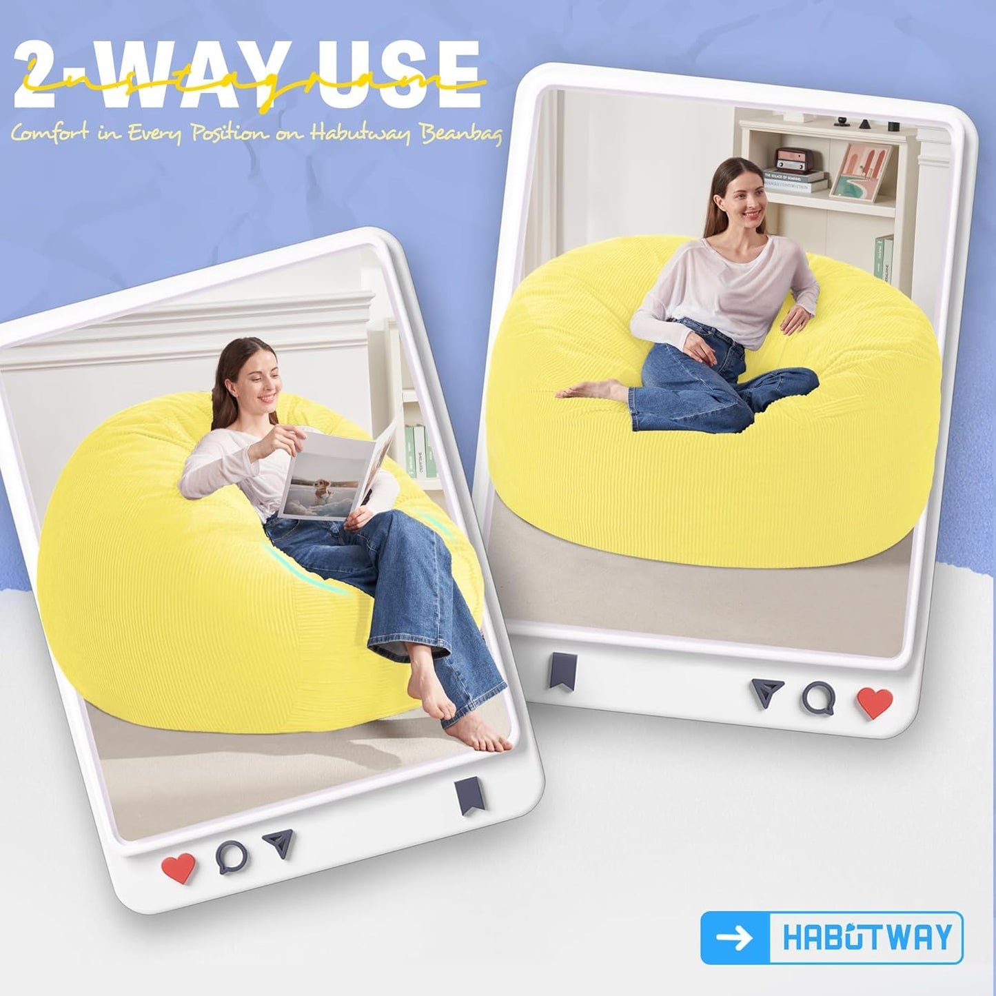 HABUTWAY 3FT Bean Bag Chair,Giant Bean Bag Chairs for Adults,Big Bean Bags with Memory Foam Filled, Large Beanbag Chairs with Soft Corduroy Cover-Yellow