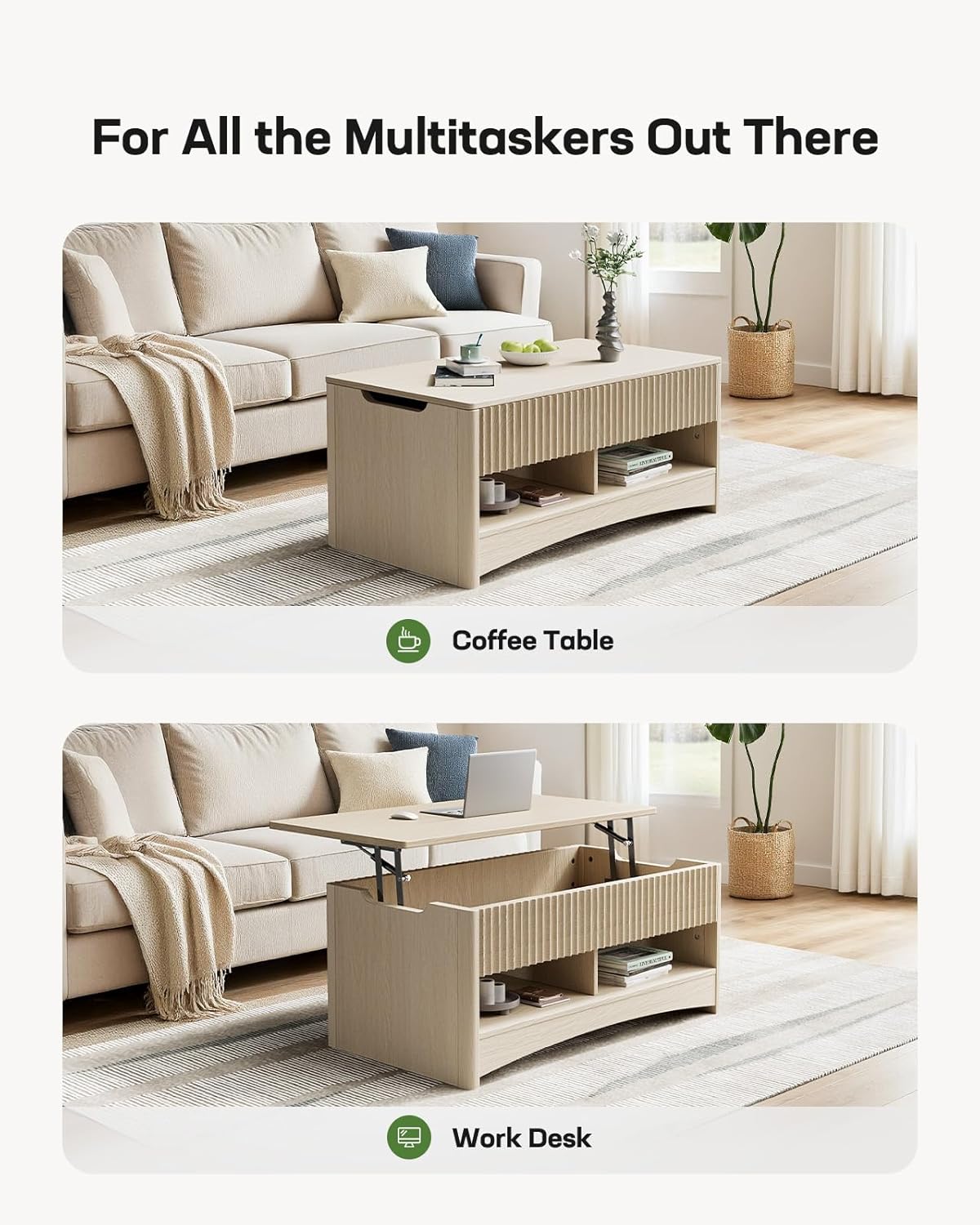 Marsail Lift Top Coffee Table with Open & Hidden Storage, Modern Fluted Coffee Table with Smooth Lift Mechanism, Sturdy Space-Saving Center Table for Home Living Room, Office, Natural Oak