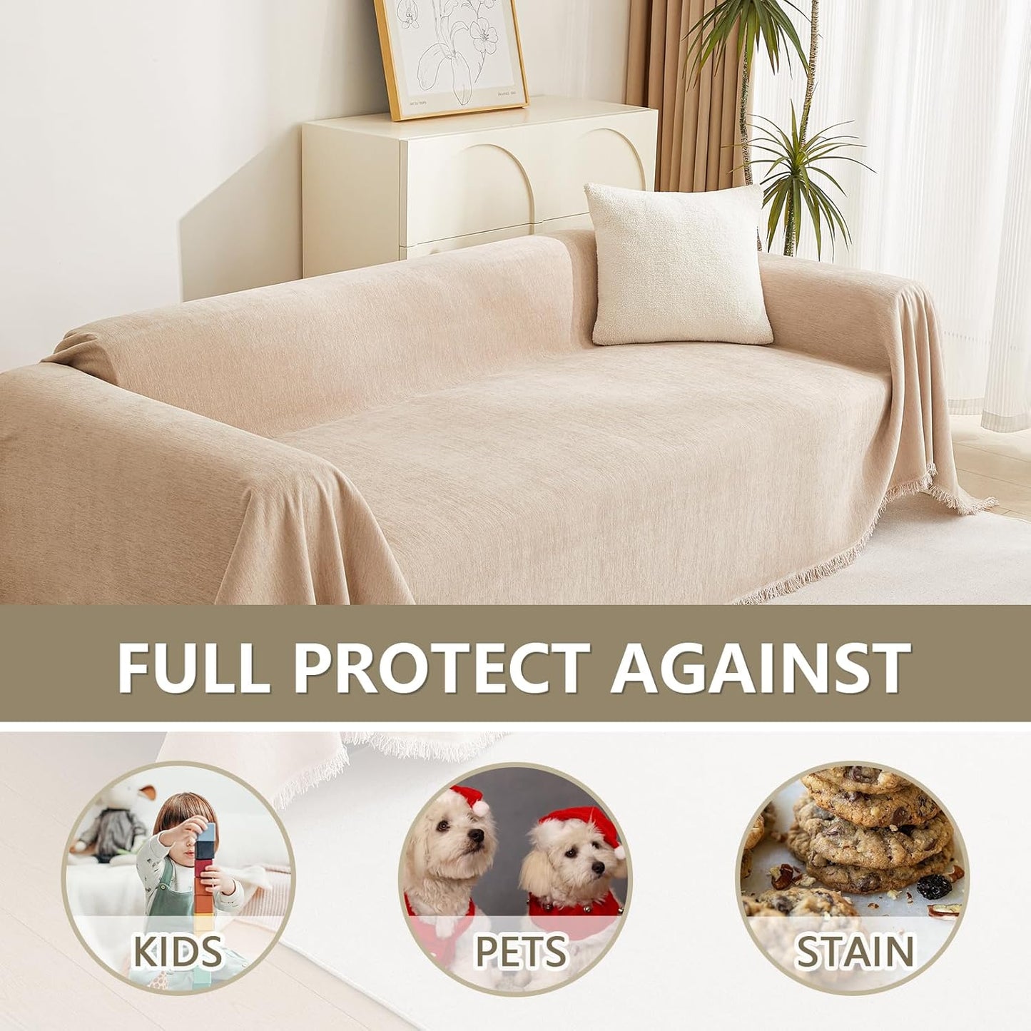 MYSKY HOME Couch Cover 3 Cushion Sofa With Tassel Chenille Slipcover for Sectional L Shaped Furniture, Dogs Protector, 71" X150", Khaki