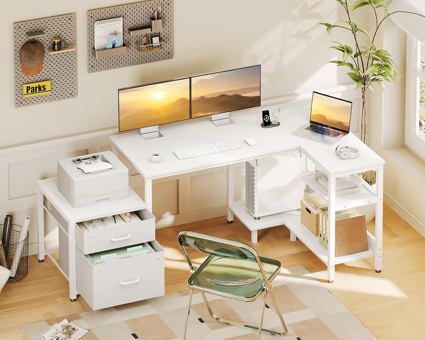Casaottima L Shaped Desk with Drawers & File Cabinet, Reversible White Computer Desk with Storage Shelves & CPU Stand, Corner Desk with Power Outlets, L Table for Home Office