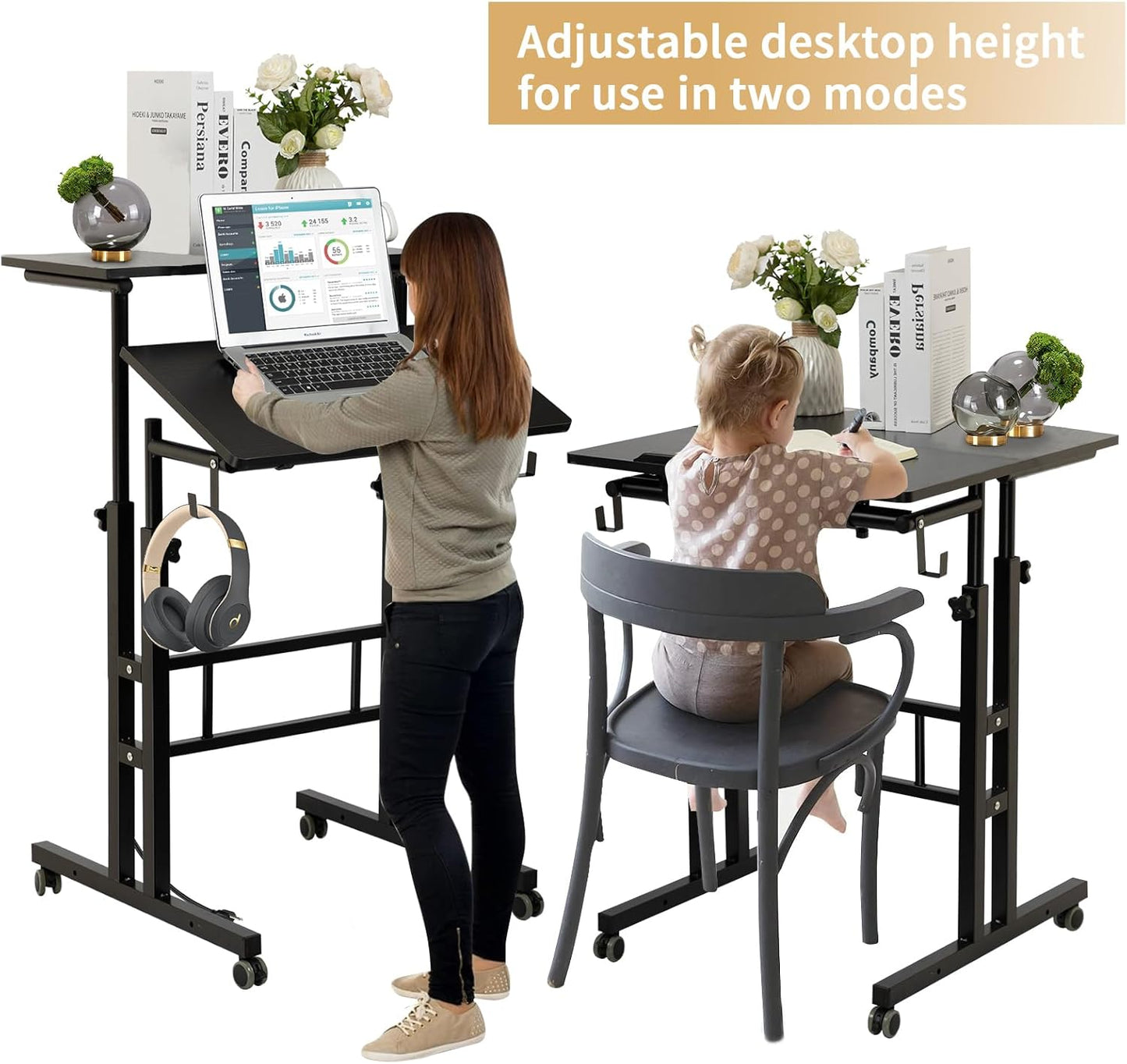 SIDUCAL Mobile Standing Desk, Portable Stand Up, Small Adjustable Converter with Wheels Home Office Workstation, Rolling Desk Laptop Cart for Standing or Sitting, Black