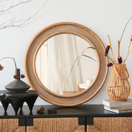 Micasso Round Rattan Wall Mirror: 30" Purely Handmade Wooden Frame Wicker Mirror - Rustic Shabby Chic Boho Bamboo Mirrors for Farmhouse/Bathroom/Bedroom/Living Room/Entryway/Home Decor