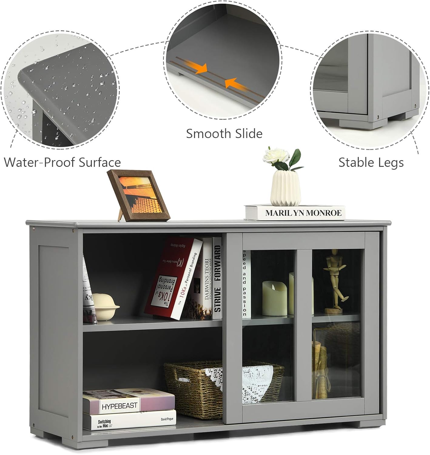 Costzon Sideboard Buffet Cabinet, Wooden Kitchen Storage Cabinet with Adjustable Shelf, Sliding Glass Doors, Accent Coffee Bar Cabinet Console Table for Living Room, Dining Room, Hallway (Grey)