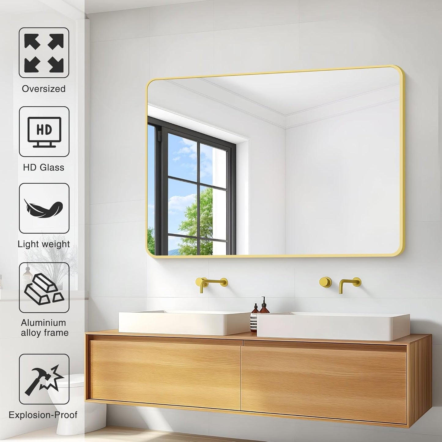 36"x48" Bathroom Mirror, Gold Rectangle Mirror, Large Rectangular Wall Mirror, Rounded Corner Vanity Mirror with Aluminum Metal Frame for Bathroom Bedroom Living Room Horizontal/Vertical