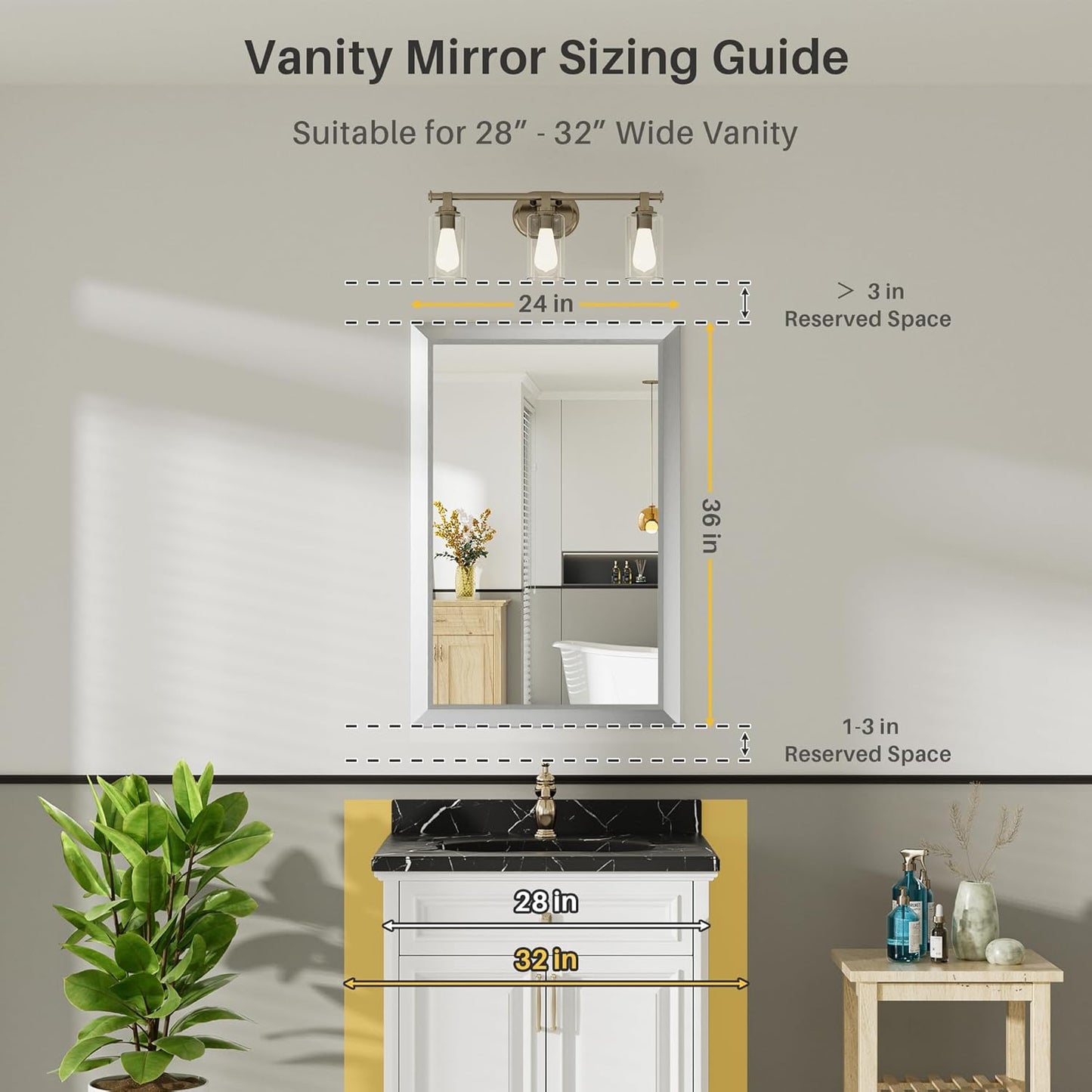 24x36 Inch Silver Bathroom Mirror for Wall, Thick Metal Framed Rectangle Mirrors for Over Sink, Bedroom, Living Room, Entryway, Anti-Rust, HD Tempered Glass