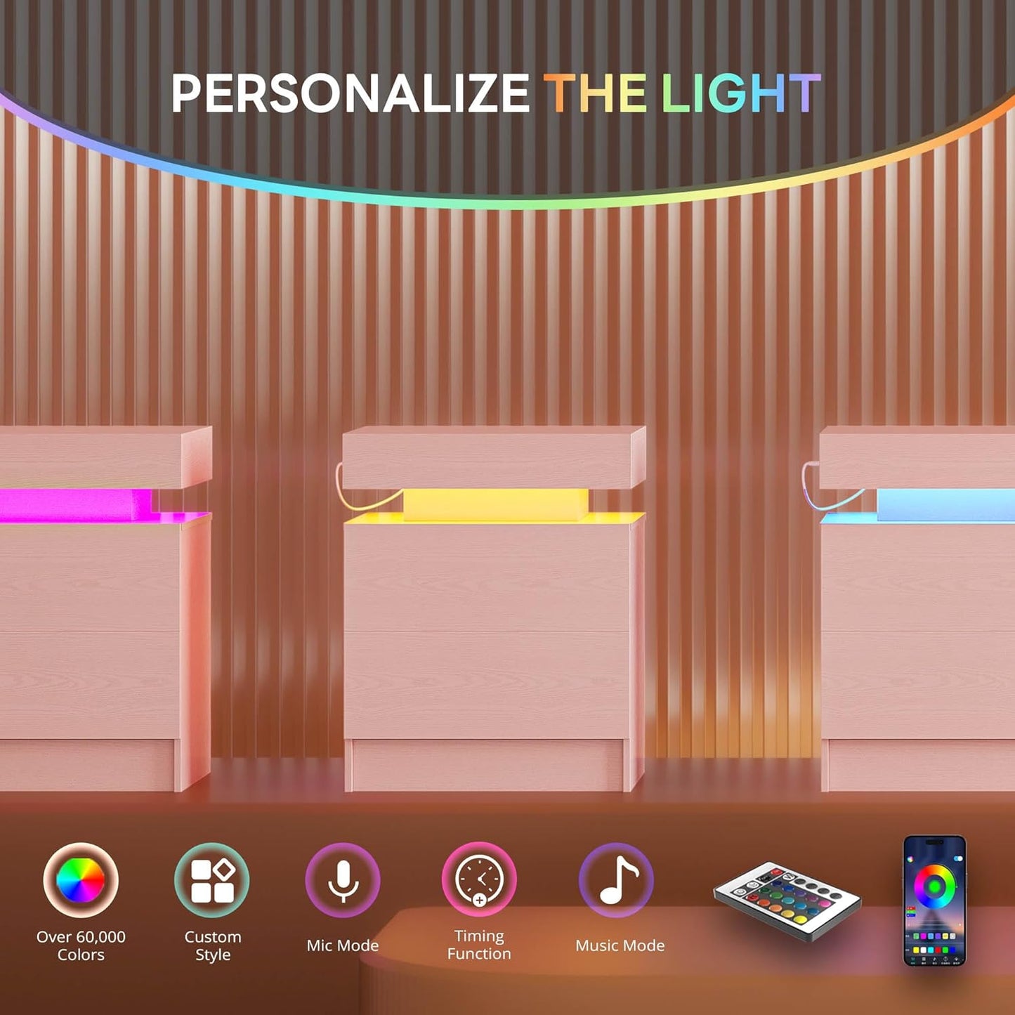 LIKIMIO Night Stand with Charging Station, Modern Pink Nightstand with LED Light and Drawers, Bedside Tables/End Table for Bedroom