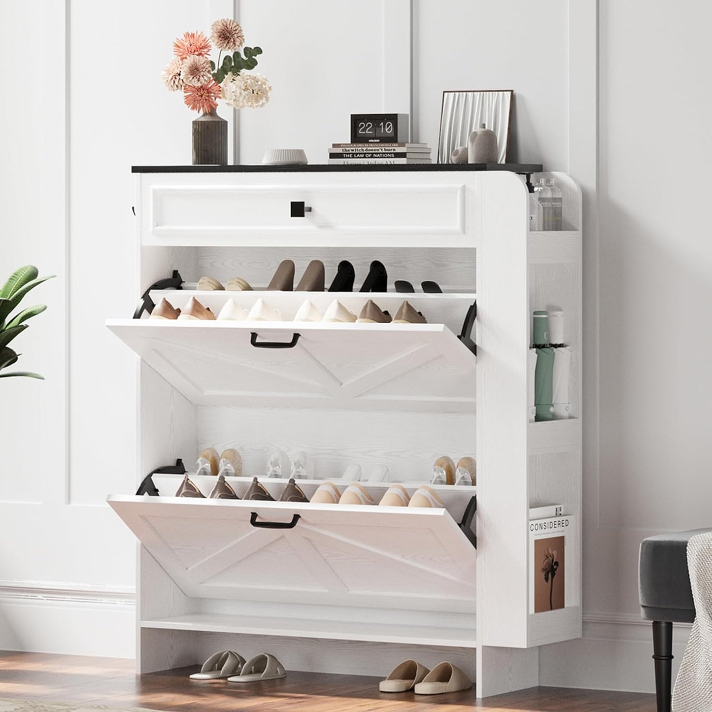 IRONCK Shoe Storage Cabinet with 2 Flip Drawers & Barn Door Design, Freestanding Shoe Cabinet Organizer with Drawer and Shelves for Entryway, Farmhouse Shoe Rack Cabinet, White/Black