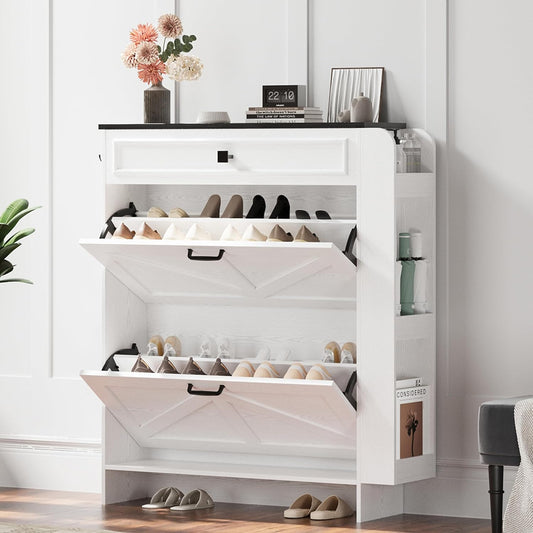 IRONCK Shoe Storage Cabinet with 2 Flip Drawers & Barn Door Design, Freestanding Shoe Cabinet Organizer with Drawer and Shelves for Entryway, Farmhouse Shoe Rack Cabinet, White/Black