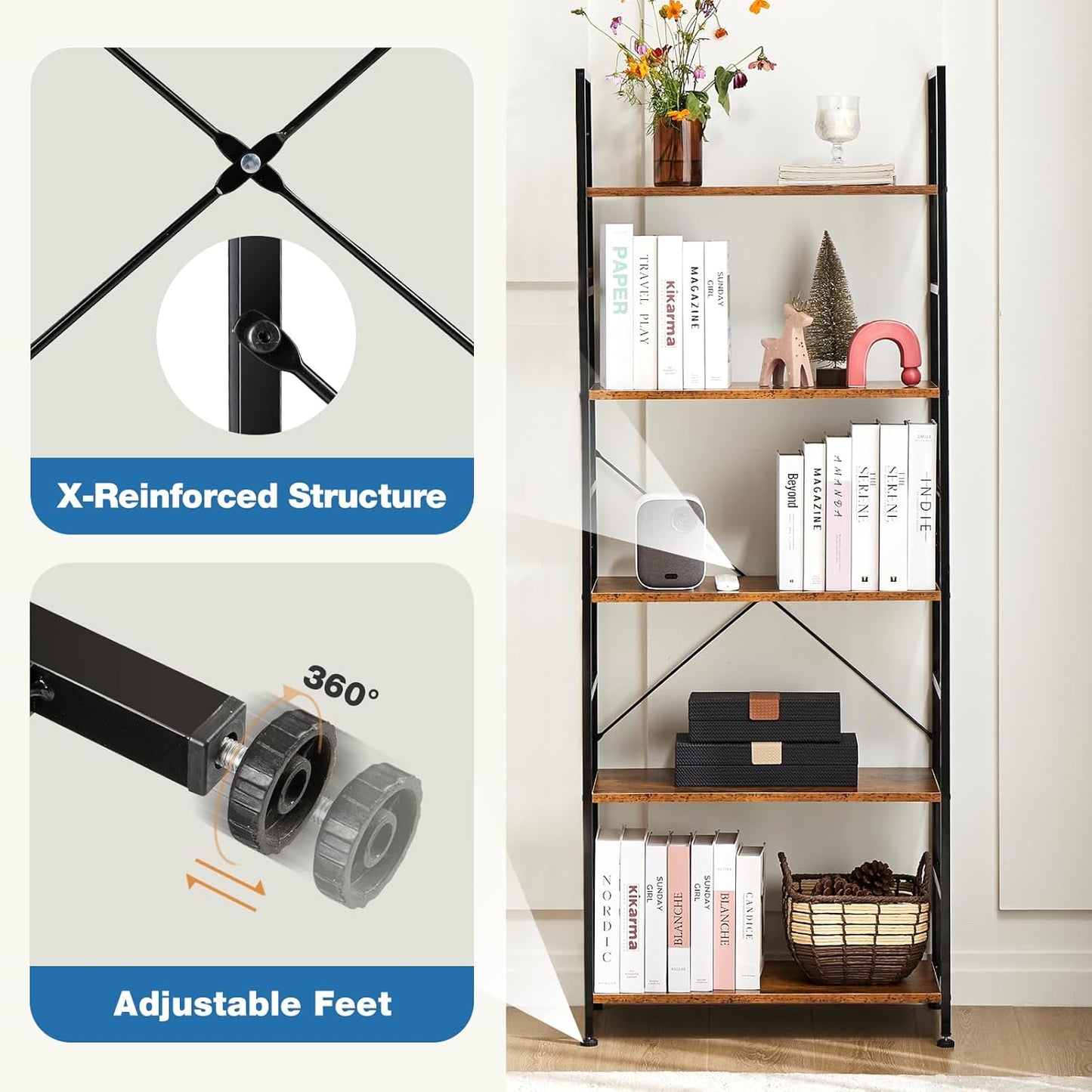 DUMOS 5-Tier Book Shelf Tall Modern Bookcase Set of 2 for Books, CDs, Movies, Storage and Organization Bookshelf Industrial Home Decor for Bedroom Office Kitchen Living Room, Black & Brown