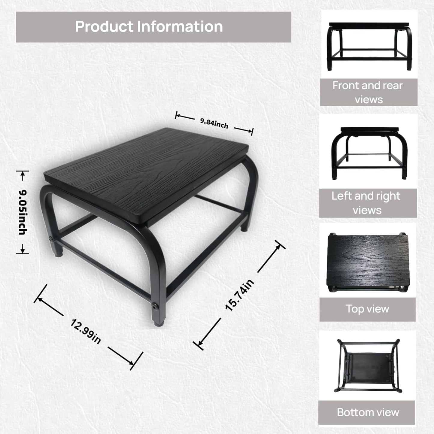 Dual Anti-Slip Solid Wood & Metal - Wooden Small Step Stool for Children/Adults/Elderly, 500 lbs Load Capacity, Safety Step, Ideal for Home/Kitchen/Bedside (Black, One-Step Stool)