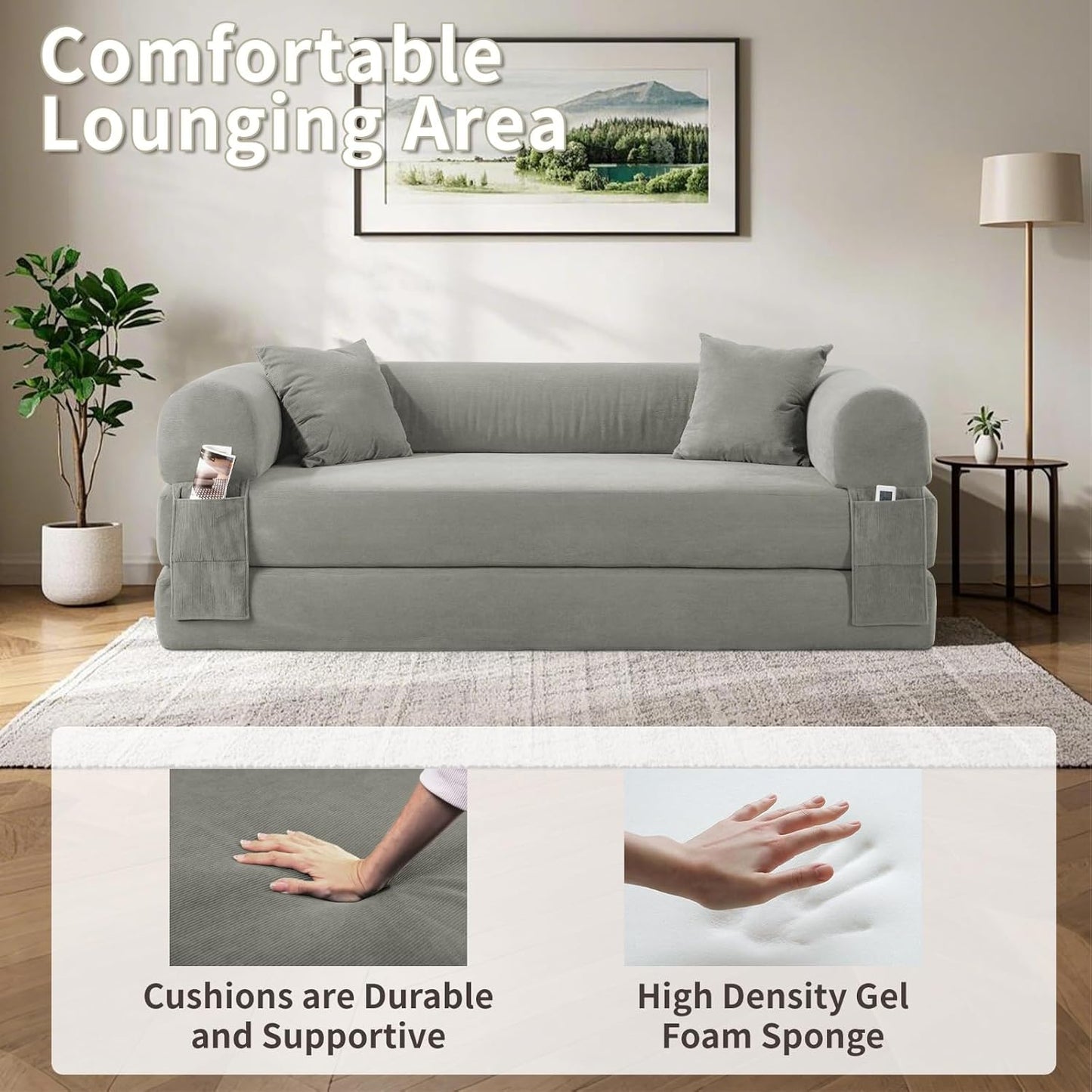 80" Convertible Sofa Bed, 3-in-1 Corduroy Folding Pull Out Couch with Pillows, No Assembly Modern Boneless Couch Compression Sofa in Box, Floor Sofa with Side Storage Pocket for Living Room,Light grey