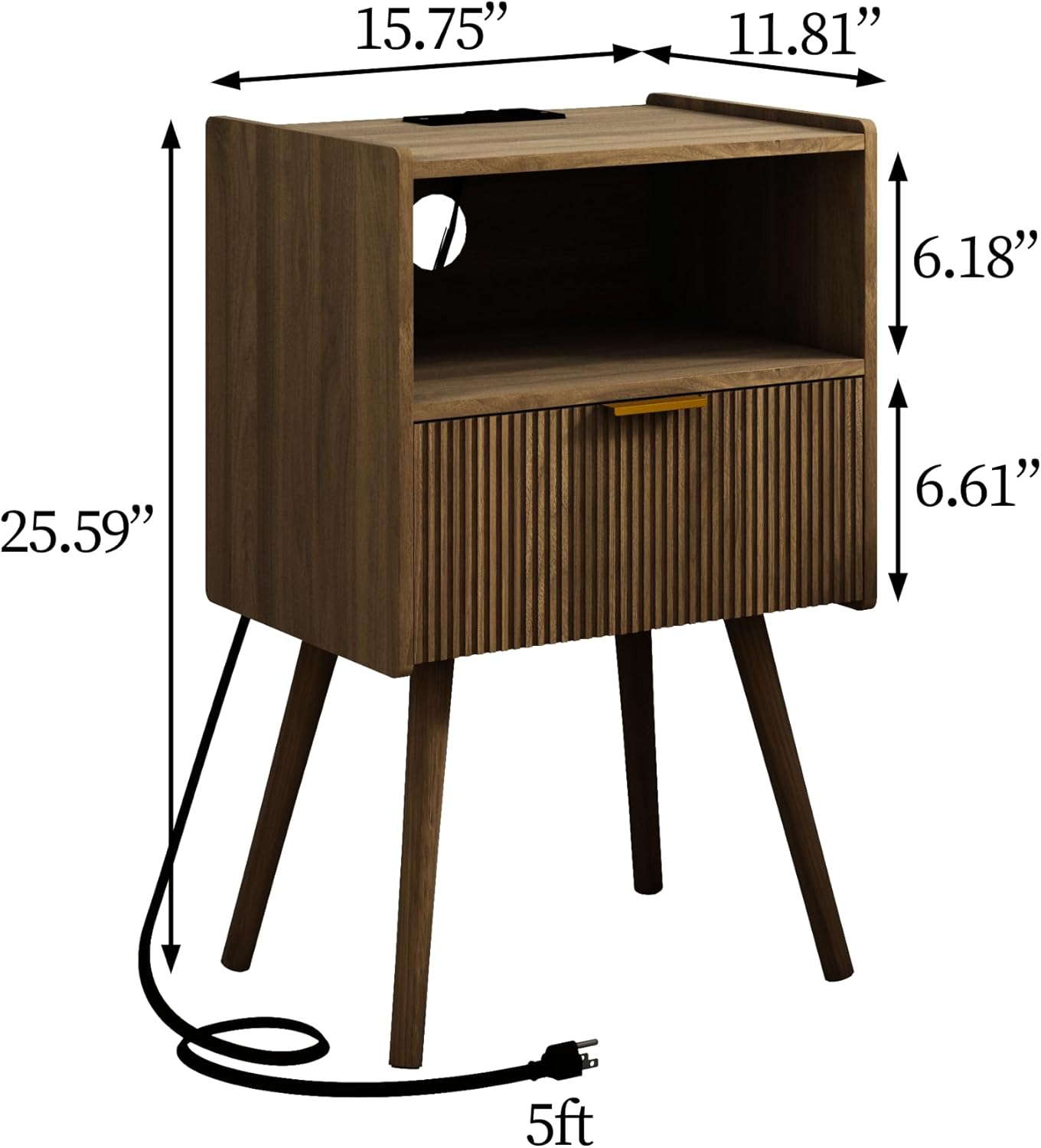 Nightstand with Outlet,Modern Bedside Table with Storage Drawer and Open Wood Shelf, for Living Room, Bedroom and Small Spaces, Accent Night Stand with Solid Wood Legs, Easy Assembly,Brown