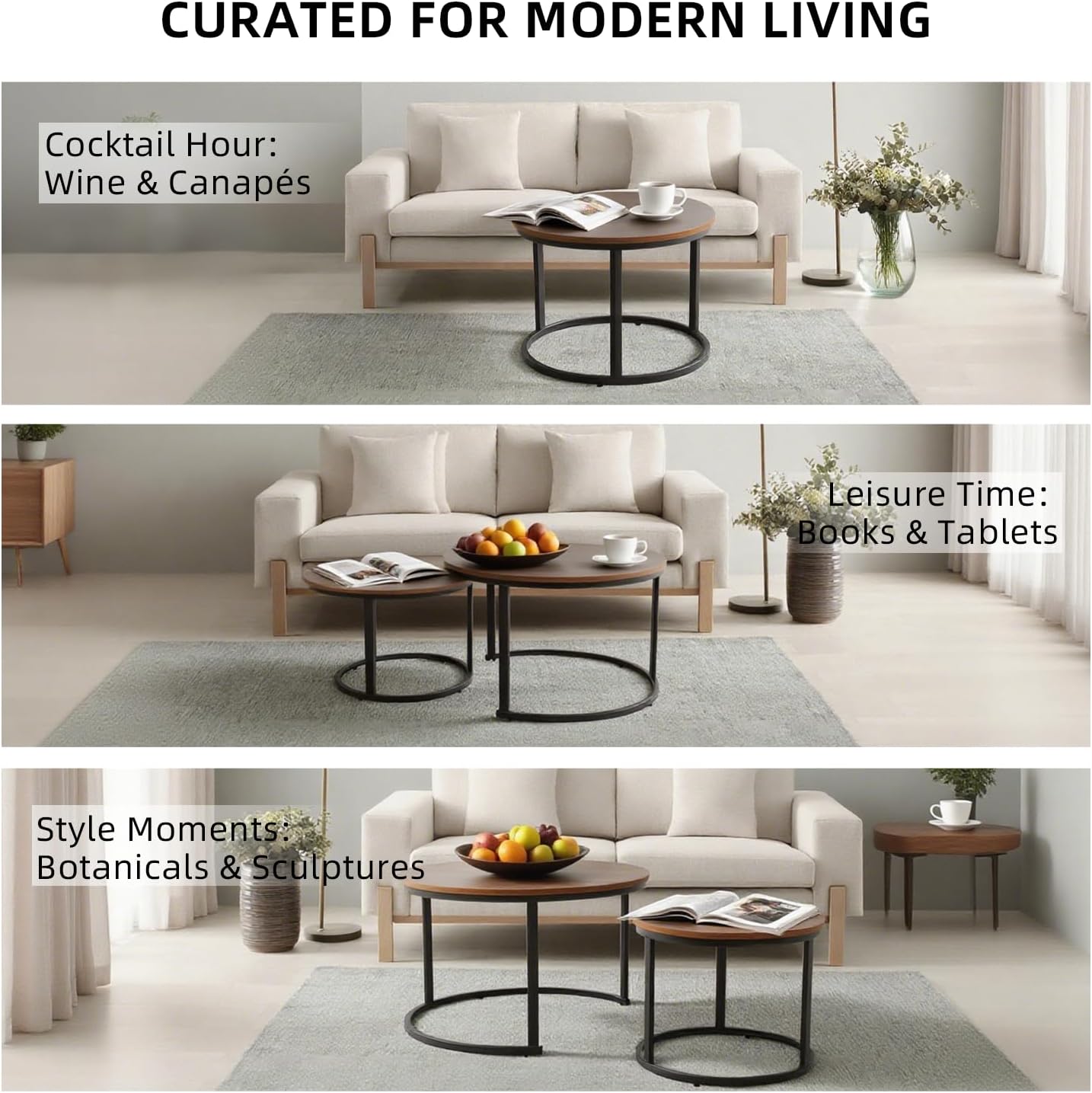 FAHKNS Nesting Coffee Table Set of 2, 27.56" & 19.68" Round Simple Industrial Side Tables for Living Room with Wood Top & Metal Base, Space-Saving Furniture for Small Spaces
