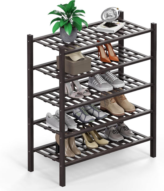 Haddockway 5 Tier Bamboo Shoe Rack Storage Organizer, Multifunctional Free Standing Stackable Shoe Shelf with Grid Panel for Closet,Hallway,Entryway,Small Space 27"x11"x32" (Brown, 5 Tier)