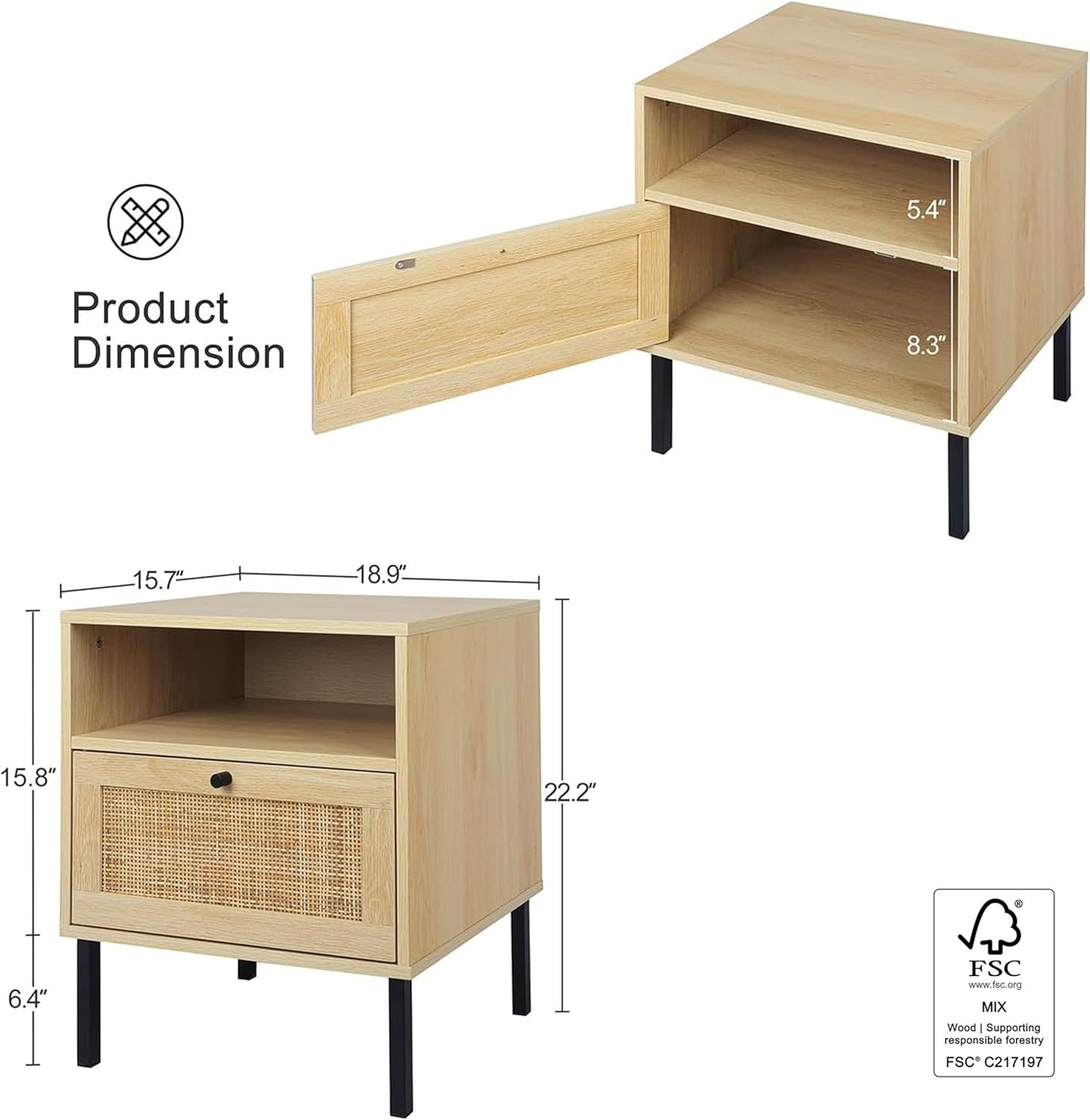 Rattan Nightstands Set of 2, Boho Night Stand with 1 Door, Accent End Table, Wood Bediside Table with Metal Legs&Open Shelf, Natural Wood