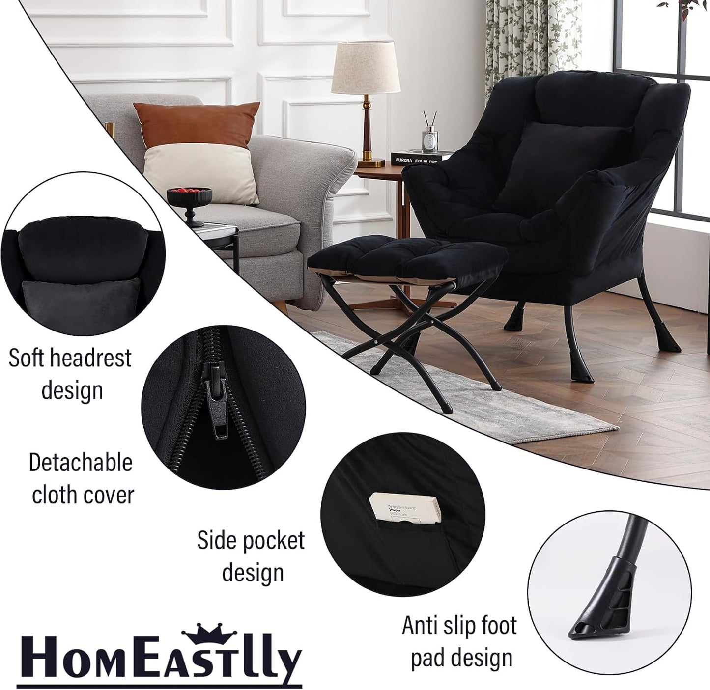 Lazy Chair with Ottoman, Modern Lounge Accent Chair with a Pillow, Leisure Sofa Armchair Set, Reading Chair with Footrest for Living Room, Bedroom, Dorm Room, Office, Velvet Black