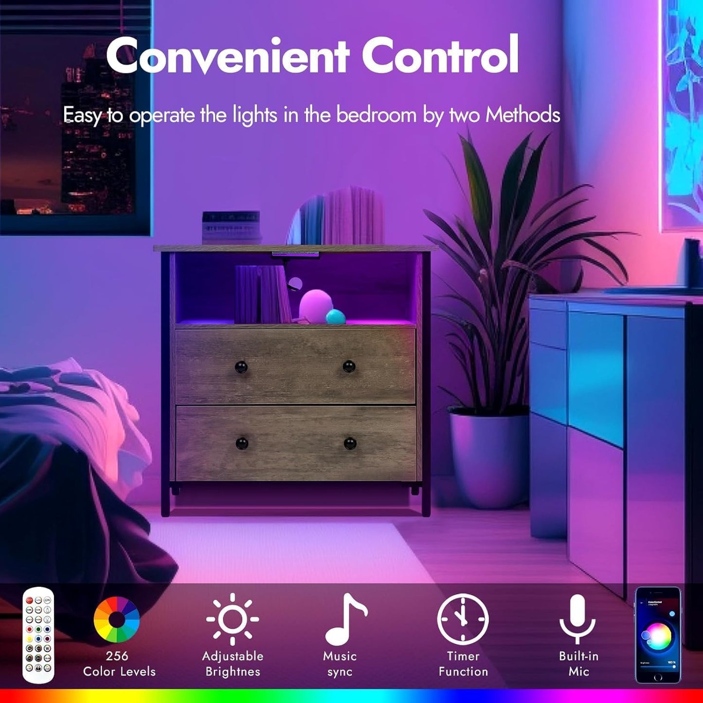 27 Inch Wide Night Stand, Lrage Wood Night Stand Set 2 with 2 Drawers, LED Nightstand with Charging Station and Adjustable Drawer, Bedside Table for Living Room/Bedroom/Study/Office, Gray.