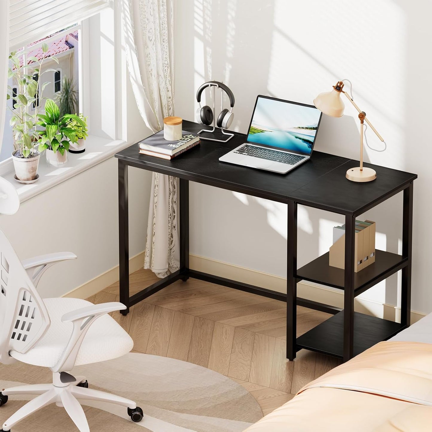 SINPAID Computer Desk 47 inches with 2-Tier Shelves Sturdy Home Office Desks with Large Storage Space Modern Gaming Desk Study Writing Laptop Table, Black