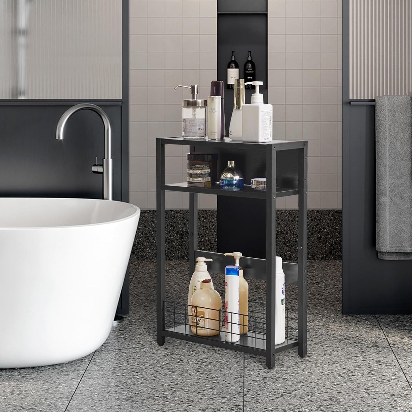 IBUYKE Narrow Side Table with Storage Shelf, 3 Tier End Table,Modern Sofa Table,Small Nightstand with Magazine Rack,Telephone Table for Small Spaces,for Living Room, Bedroom,Black UTMZ001B