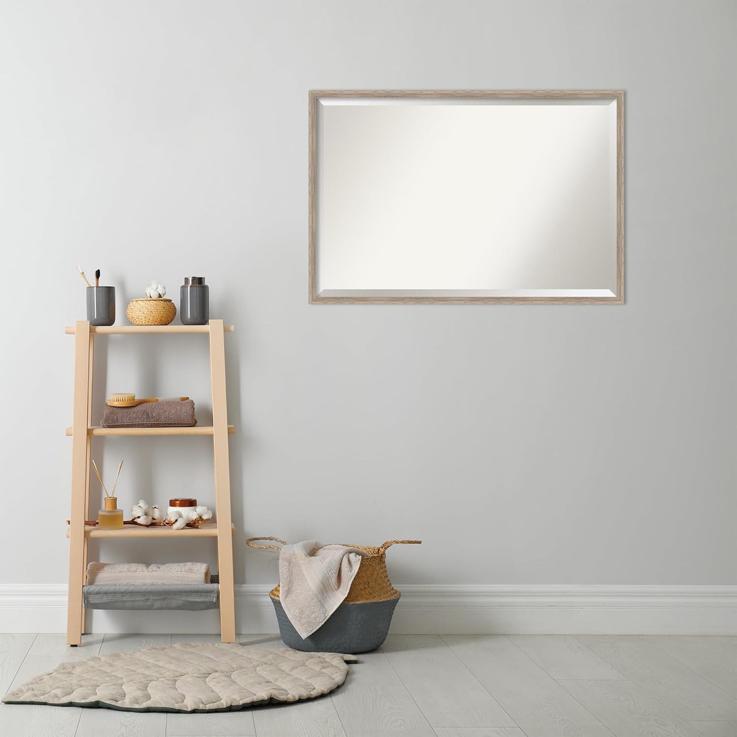 Amanti Art White Bathroom Mirror for Over Sink, 25x37 Hardwood Wedge White Wash Rectangle Vanity Mirror, Large Country Rustic Wood Frame, Hangs Horizonally and Vertically, Bathroom Wall Decor,