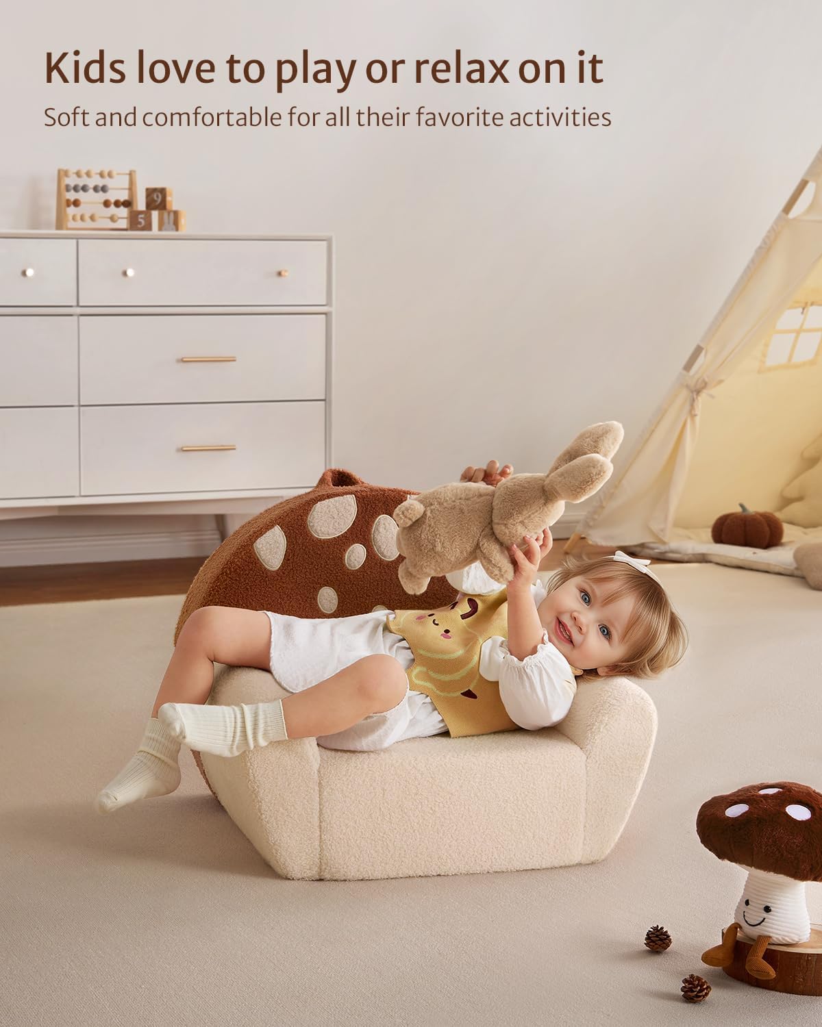 Blissful Diary Toddler Chair Comfy, Foam Kids Chair with Soft Teddy Plush, Toddler Reading Armchair with Cute Mushroom Designs- Brown