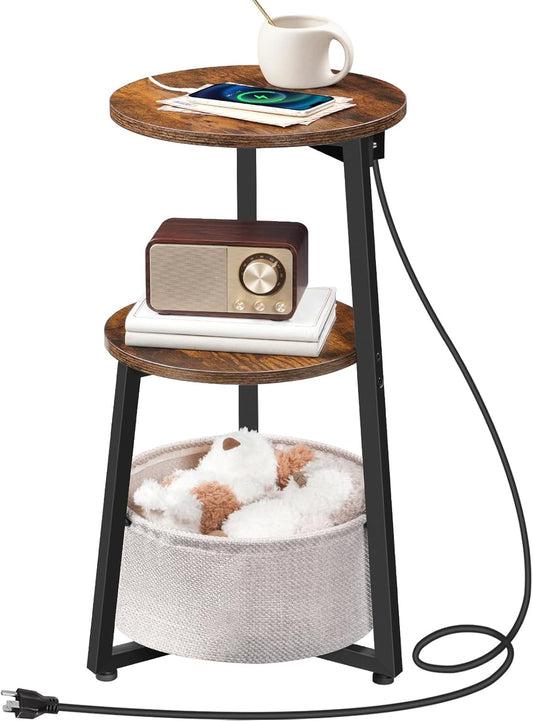 HOOBRO Small Round Side Table with Charging Station, Round End Accent Table with Storage Basket, Compact Sofa Bedside Table for Small Space in Living Room, Bedroom, Rustic Brown BF169UBZ01